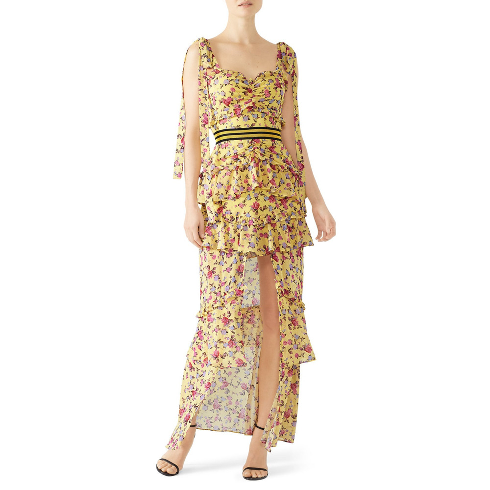 For Love & Lemon Womens Maison Floral Dress Ruffle Hi-Low Hem Yellow Size M